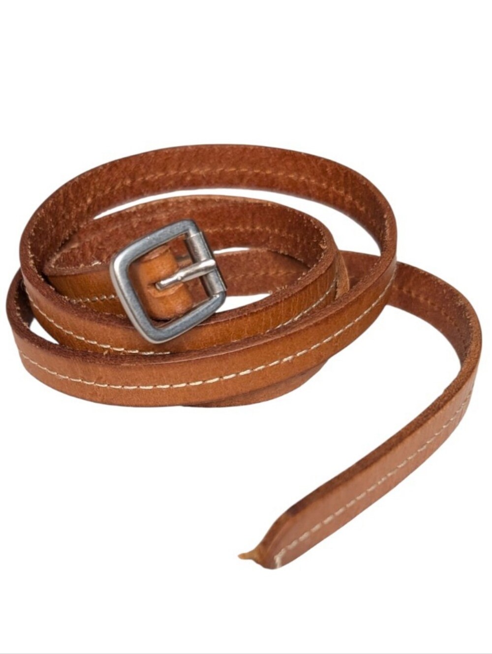 Genuine Leather Skinny Wrap Belt Stitch Detail Silver Buckle Tan V/775282 Gap OS